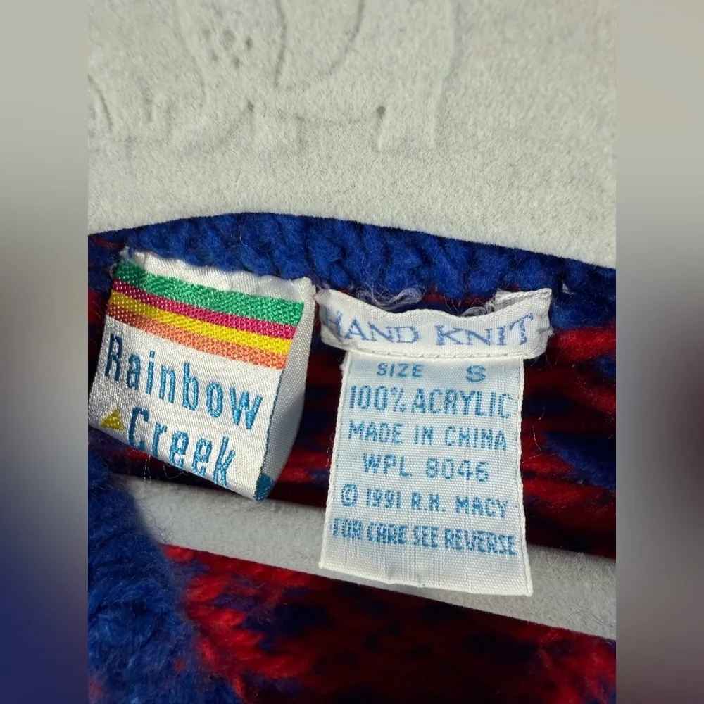 Rainbow Creek Hand Knit Sweater with Red and Blue Accents